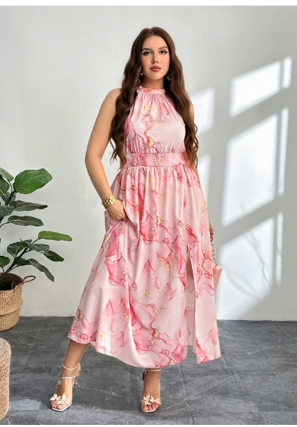 Plus Size Elegant Casual Beach Vacation Pink All-Over Print Halter Gathered Waist High Slit Dress Carousel 4