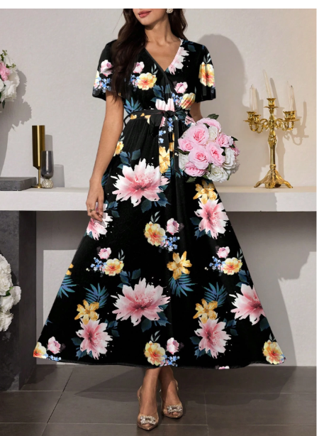 Women's Long V-Neck Floral Print Flounce Sleeve Tie Waist Ruffle Hem Elegant