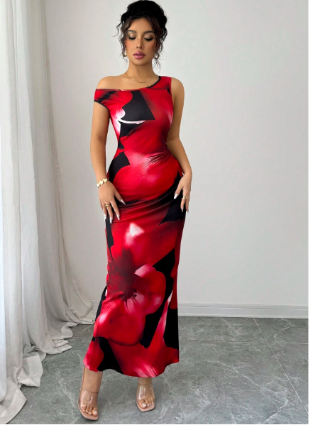 Floral Print Off-The-Shoulder Waist Shaping Fitted Dress Carousel 4