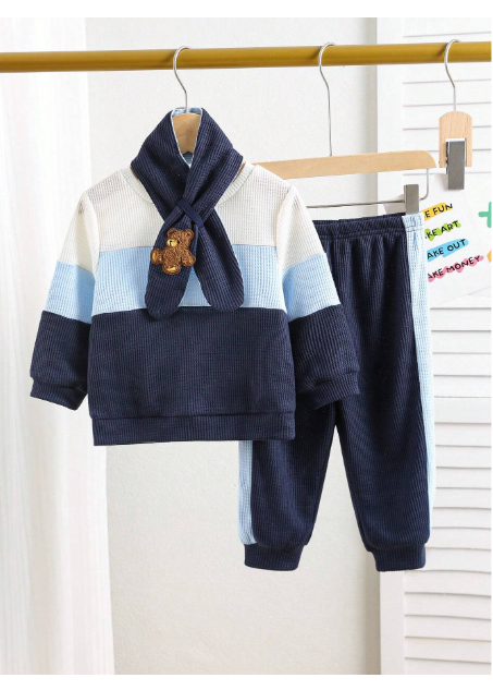 3pcs/Set Infant/Toddler Knitted Textured Jacquard Double Layer Padded Sweatshirt, Pants And Scarf Set Carousel 2