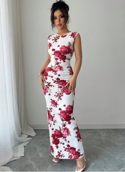 Floral Print Elegant Round Neck Sleeveless Women Dress Carousel 3