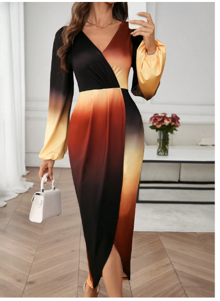 Women's Elegant Gradient Surplice Wrap V-Neck Long Sleeve Lantern Sleeve Maxi Sweater Dress Carousel 3