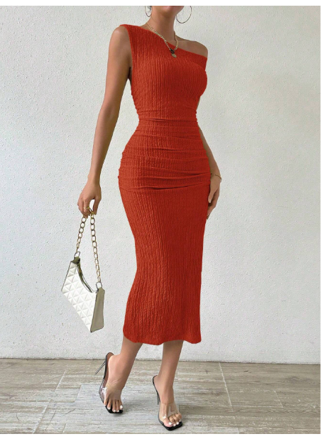 Women's Summer Solid Color Sleeveless Asymmetric Collar Pleated Bodycon Carousel 1