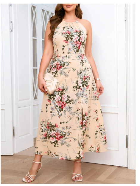 Plus Floral Print Split Thigh Halter Neck Dress Carousel 4
