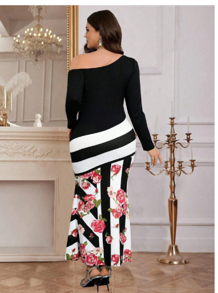 Women's Sexy Form-Fitting Rose Flower Striped Color Block Off Shoulder Long Sleeve Dress Carousel 1