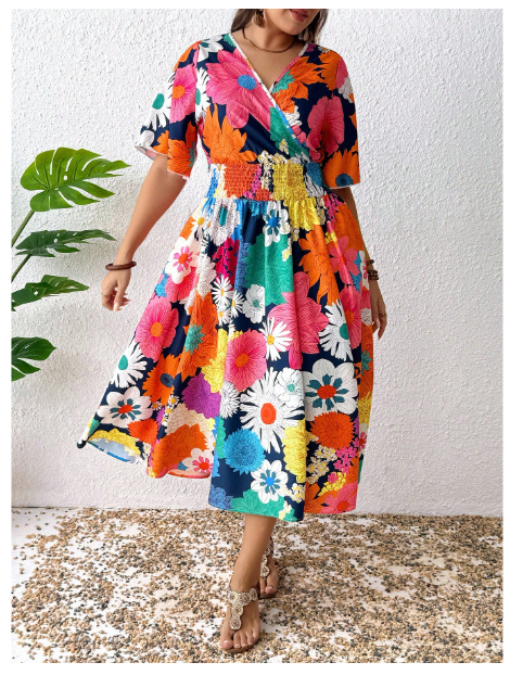 Plus Size Women Summer V-Neck Floral Print Waisted Dress Carousel 1