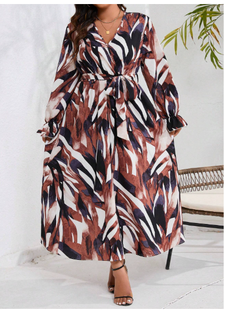 Plus Size Floral Printed Dress With Ruffle Sleeves Carousel 4