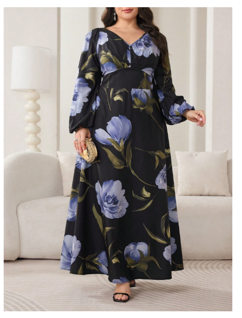 Plus Size Women Holiday Floral Print V-Neck Lantern Sleeve Dress Carousel 2