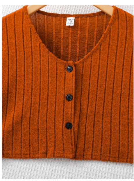 2pcs/Set Teen Girl Button Front Long Sleeve Square Neck Ribbed Knit Sweater Dress Carousel 3