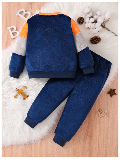 2pcs Young Boy Navy Blue Minimalistic Fashion Crew Neck Long Sleeve Top And Plush Pants Carousel 3