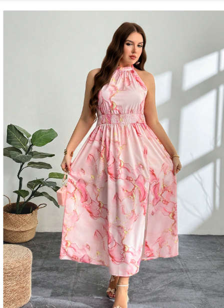 Plus Size Elegant Casual Beach Vacation Pink All-Over Print Halter Gathered Waist High Slit Dress Carousel 1