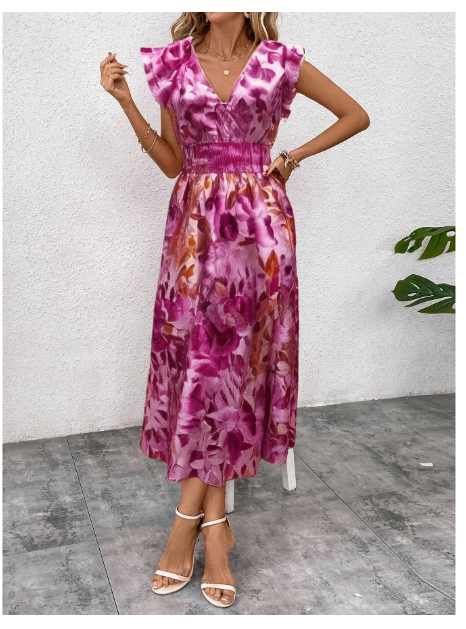 Women's Summer V-Neck Ruffle Hem Dress Maxi Women Outfit Carousel 1