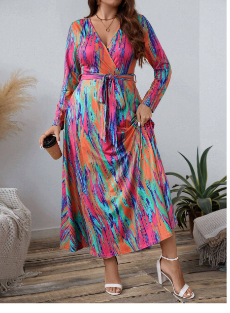 Plus Size Women's Tie-Dye Long Sleeve Elegant Wrap Around Dress Carousel 3