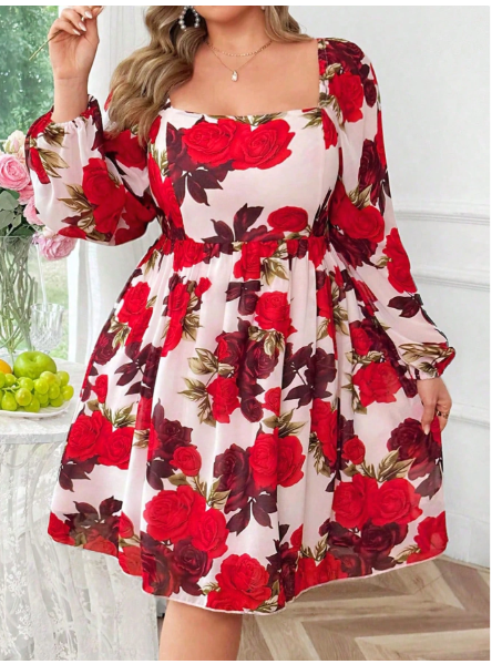 Plus Size V-Neck Red Rose Floral Print Elegant A-Line Midi Dress