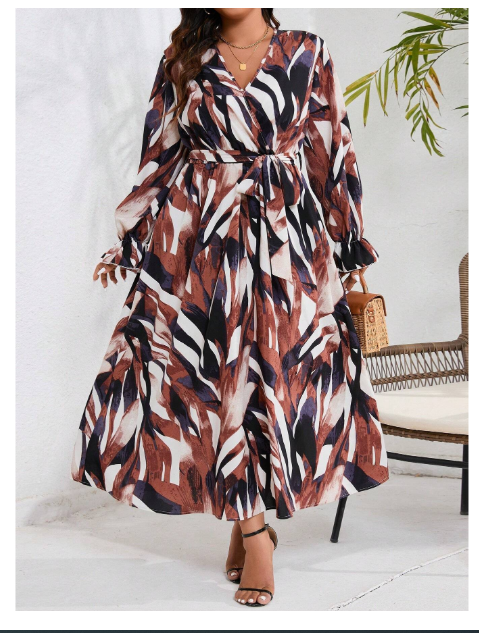 Plus Size Floral Printed Dress With Ruffle Sleeves