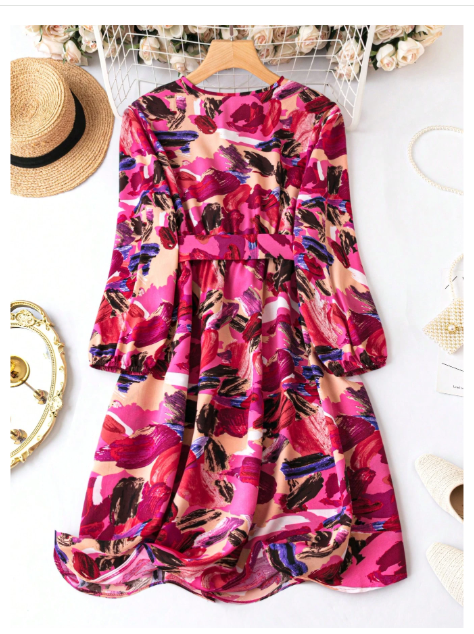 Plus Allover Print Lantern Sleeve Belted Dress Carousel 1