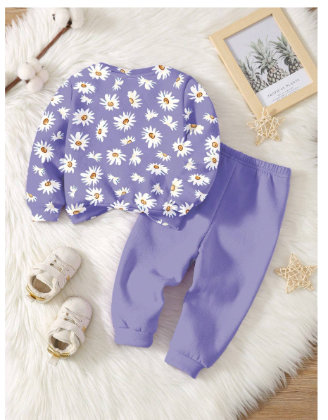 Baby Girl Vintage Daisy Floral Print Casual Loose Fit Crew Neck Soft Knit Pullover Sweatshirt & Comfy Jogger Pants Set Carousel 1