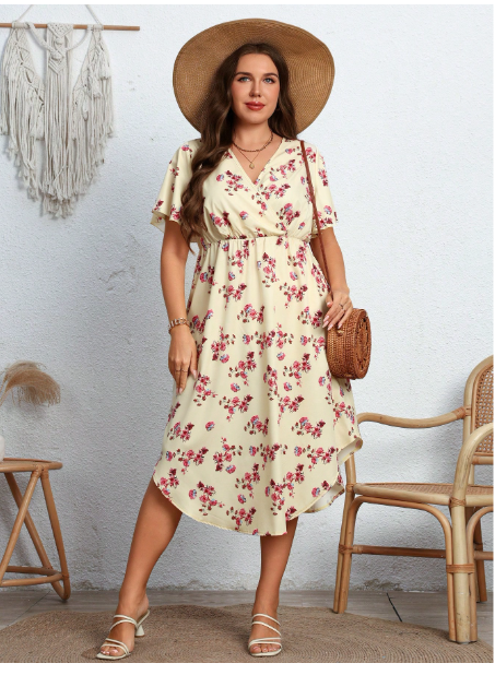 Plus Size Women V-Neck Waist Fit Floral Printed Flare Sleeve Carousel 3