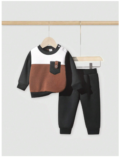 2pcs Baby Boy Casual Patchwork Sweatshirt And Pants Set