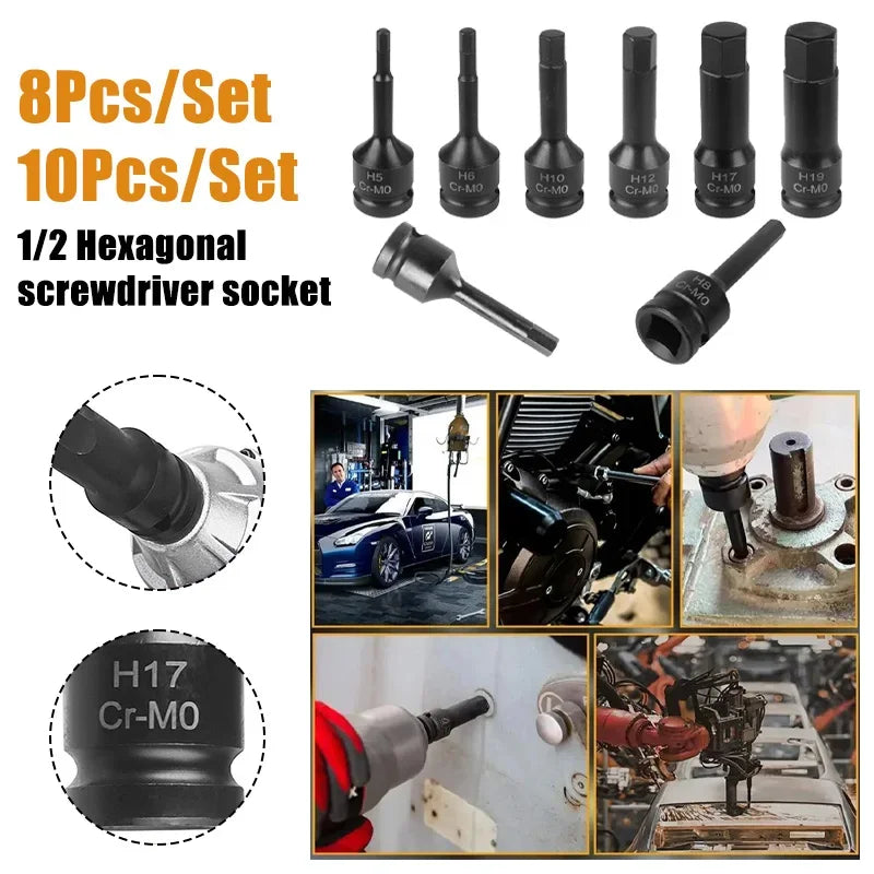 1/2" Drive Hex Impact Bit Socket Set | Cr-Mo Steel | 8pc (H5-H19) or 10pc (H5-H19) | Pneumatic & Battery Tools Carousel 3