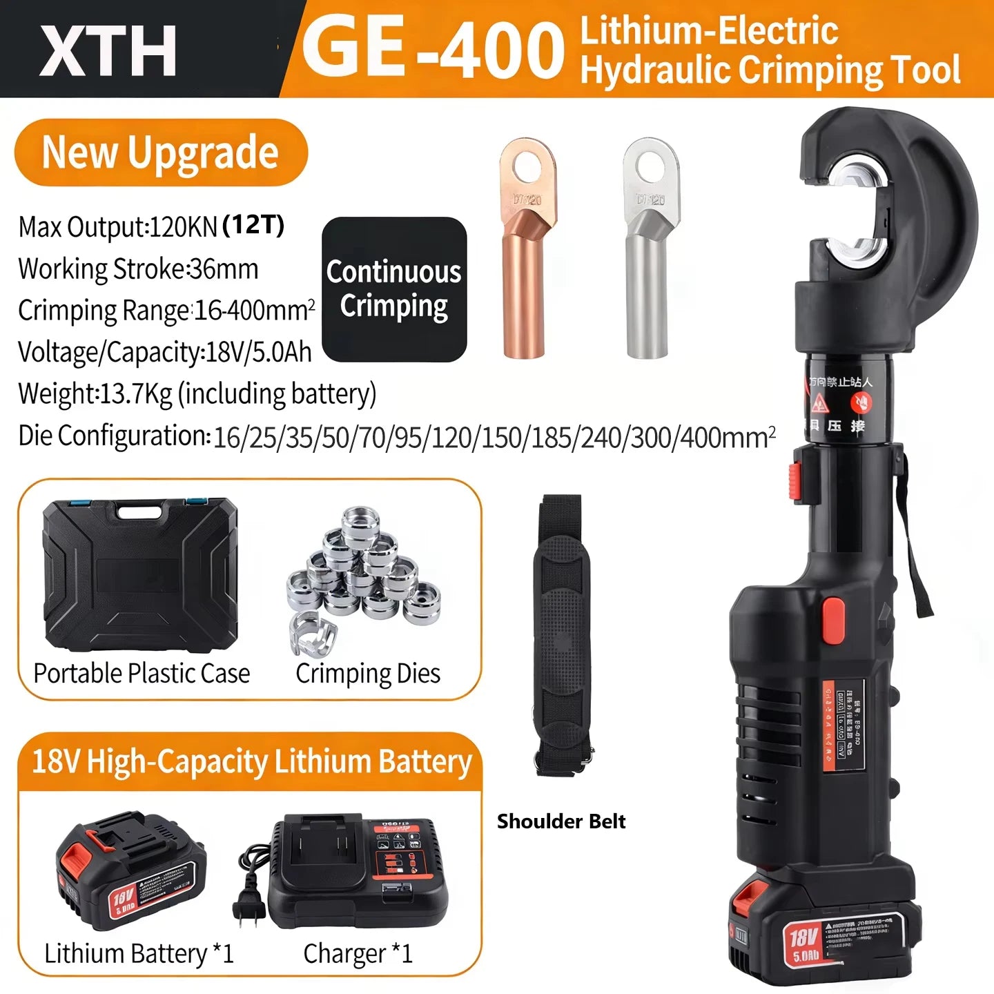 Electric Hydraulic Crimping Tool Kit | 12 Dies | 6T & 12T Models | 6AWG–800MCM Carousel 13