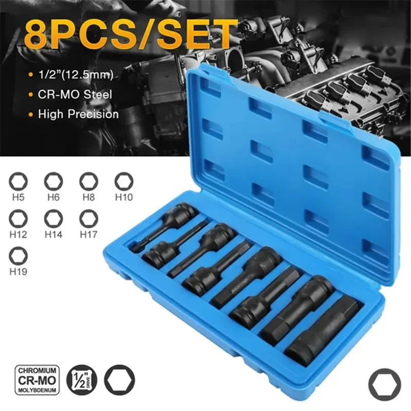1/2" Drive Hex Impact Bit Socket Set | Cr-Mo Steel | 8pc (H5-H19) or 10pc (H5-H19) | Pneumatic & Battery Tools Carousel 21