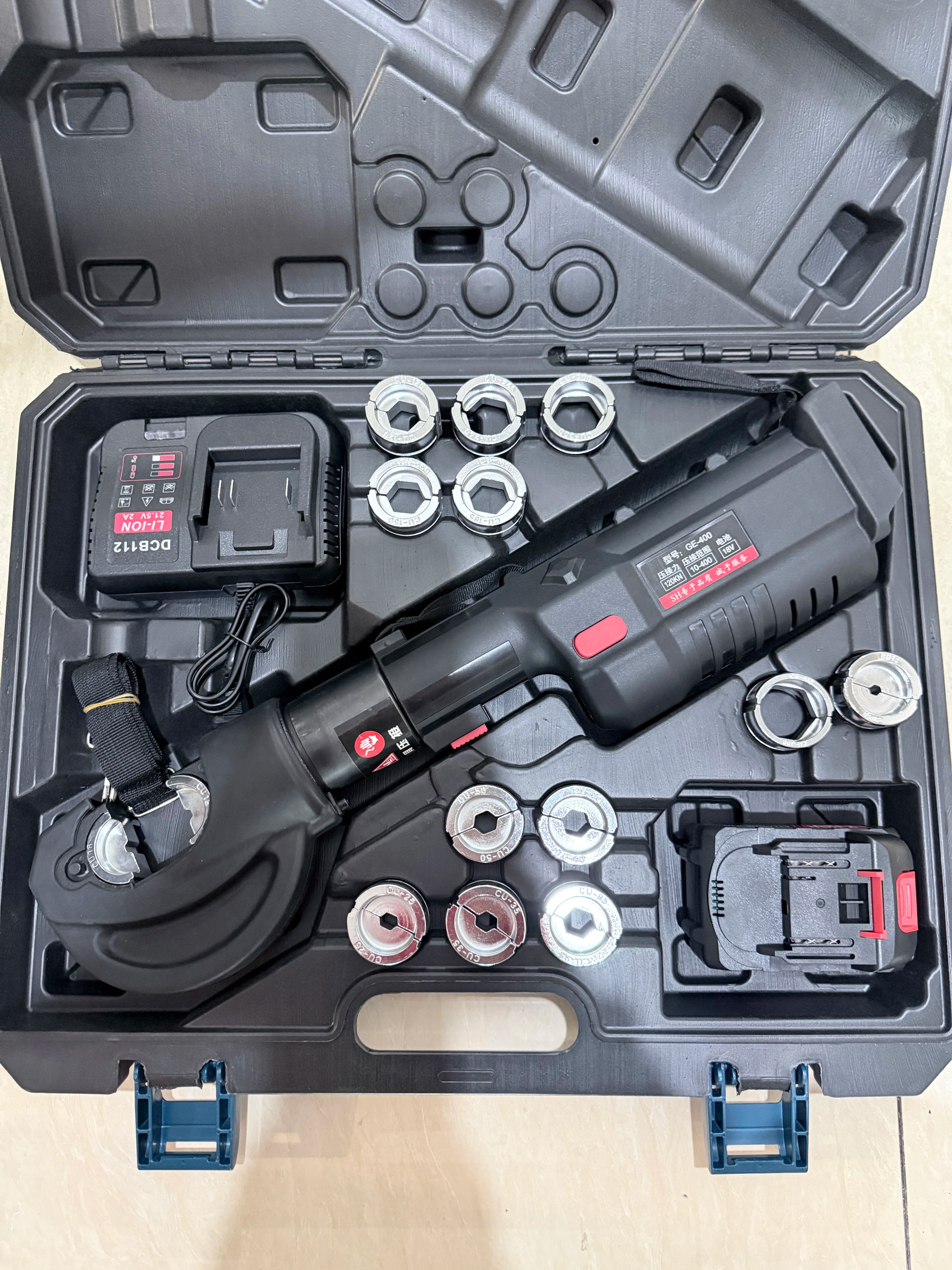Electric Hydraulic Crimping Tool Kit | 12 Dies | 6T & 12T Models | 6AWG–800MCM Carousel 9