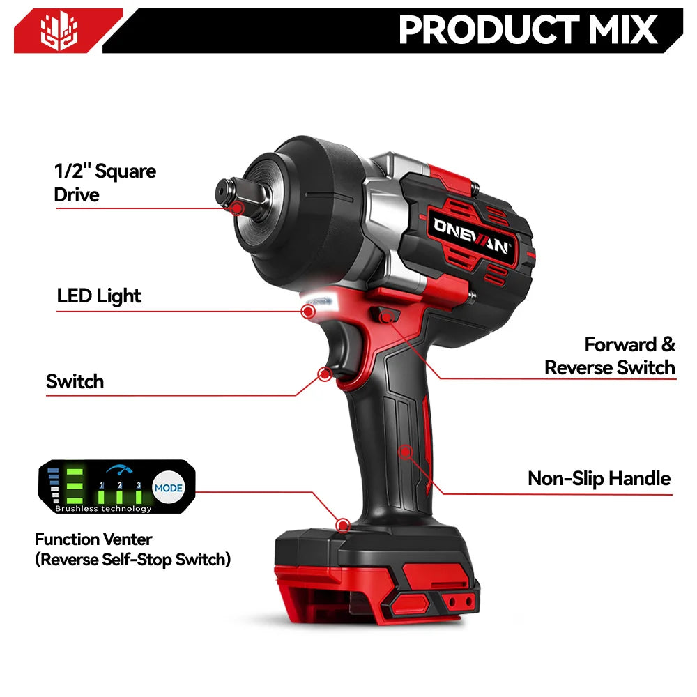 ONEVAN 2800Nm Brushless Impact Wrench | Tool Only | 18V/21V Compatible | 1/2" Drive | LED Light Carousel 1