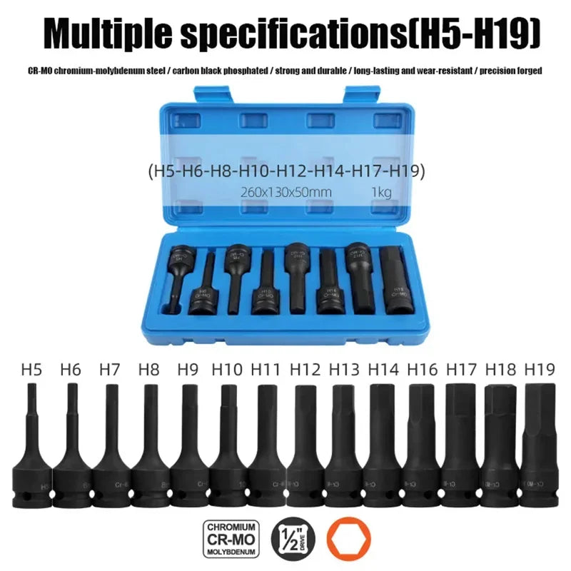 1/2" Drive Hex Impact Bit Socket Set | Cr-Mo Steel | 8pc (H5-H19) or 10pc (H5-H19) | Pneumatic & Battery Tools Carousel 19