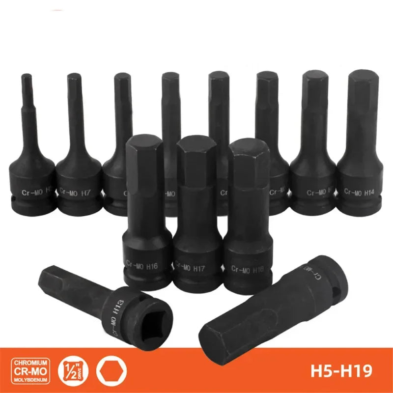 1/2" Drive Hex Impact Bit Socket Set | Cr-Mo Steel | 8pc (H5-H19) or 10pc (H5-H19) | Pneumatic & Battery Tools Carousel 1