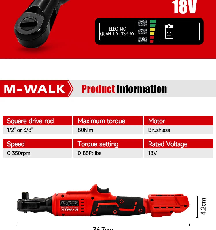M-WALK 18V Cordless Brushless Ratchet Wrench – Right Angle, 80Nm, 1/2" & 3/8" Drive Carousel 8
