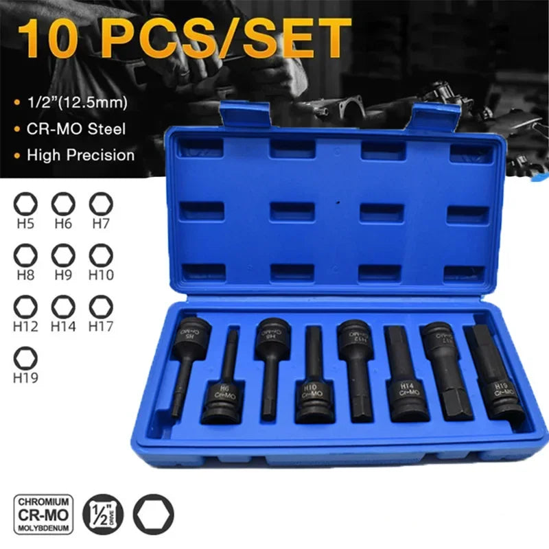 1/2" Drive Hex Impact Bit Socket Set | Cr-Mo Steel | 8pc (H5-H19) or 10pc (H5-H19) | Pneumatic & Battery Tools Carousel 20