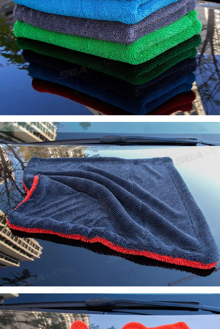 SEAMETAL 1200GSM Microfiber Car Detailing Towel | Ultra-Soft Scratch-Free | 3 Sizes | Gray, Red & Blue Carousel 20