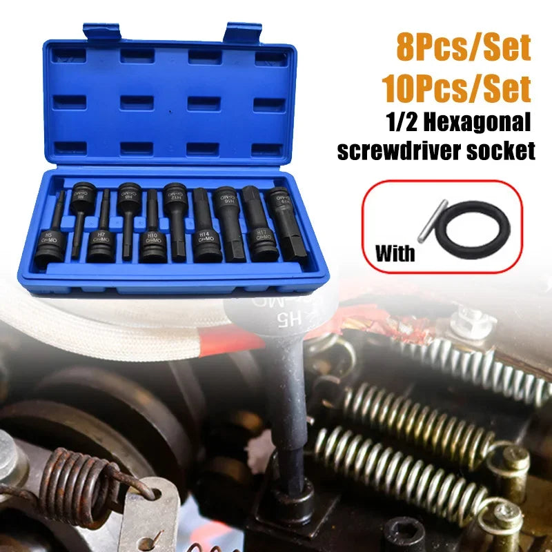 1/2" Drive Hex Impact Bit Socket Set | Cr-Mo Steel | 8pc (H5-H19) or 10pc (H5-H19) | Pneumatic & Battery Tools Carousel 6