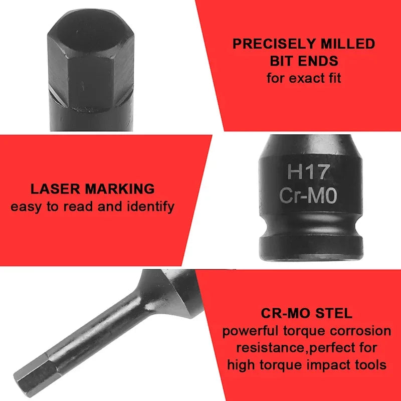 1/2" Drive Hex Impact Bit Socket Set | Cr-Mo Steel | 8pc (H5-H19) or 10pc (H5-H19) | Pneumatic & Battery Tools Carousel 16