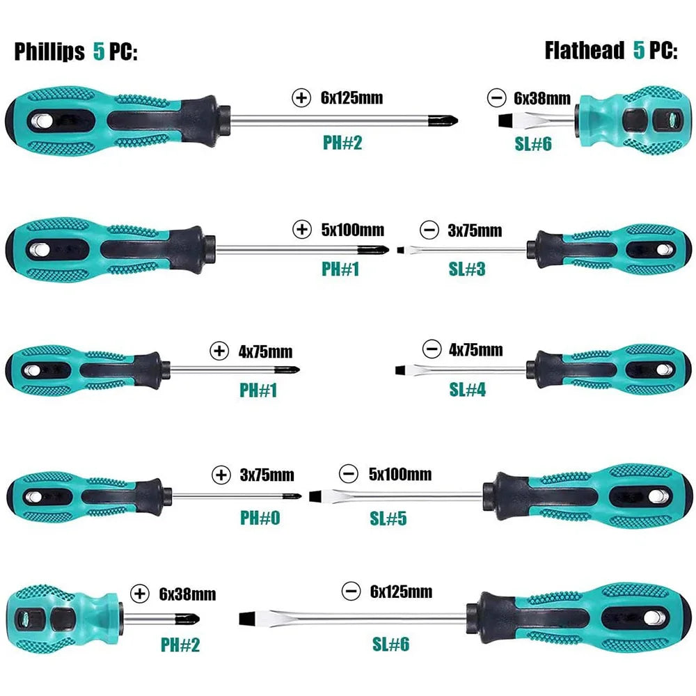 10pc Magnetic Screwdriver Set – Chrome Vanadium Phillips & Flat Head with Non-Slip Handle Carousel 8