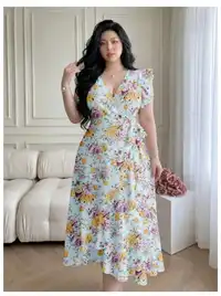  Ruffle Trim Flutter Sleeve Ditsy Floral Waist-Cinching A-Line Woven Dress Carousel 3