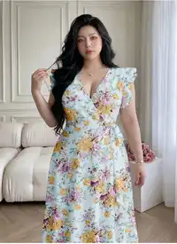  Ruffle Trim Flutter Sleeve Ditsy Floral Waist-Cinching A-Line Woven Dress Carousel 5