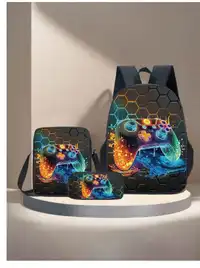 3-Piece Backpack Set, Fun Print/Game Print, Unisex, Crossbody Bag, Pencil Case, Backpack Carousel 5