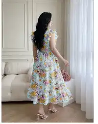  Ruffle Trim Flutter Sleeve Ditsy Floral Waist-Cinching A-Line Woven Dress Carousel 6
