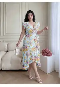  Ruffle Trim Flutter Sleeve Ditsy Floral Waist-Cinching A-Line Woven Dress
