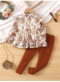  Young Girl Floral Print Ruffle Trim Peplum Blouse & Leggings