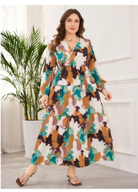 Plus Size Women V-Neck Digital Print Elegant Dress Carousel 2