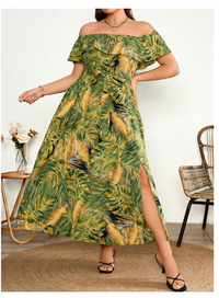 Plus Size Women's Woven Tropical Floral Print Off Shoulder Tie Bow Dress Carousel 4