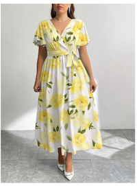  Vintage Yellow Rose Floral Print Loose Fit Plus Size Dress Carousel 2