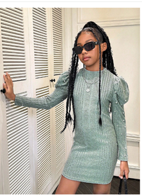 Tween Girls' Casual Solid Color Knitted Stand Collar Long Sleeve Dress Carousel 2