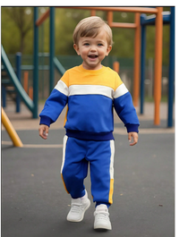 2pcs Young Boy Casual Set, Crew Neck Contrast Color Long Sleeve Top And Drawstring Waist Pants