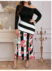 Women's Sexy Form-Fitting Rose Flower Striped Color Block Off Shoulder Long Sleeve Dress Carousel 4