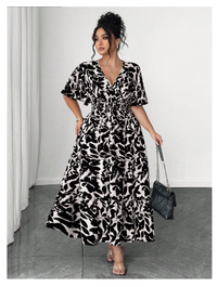 Plus Size Women's Casual Elegant Dual-Color Floral Print Waist-Cinched V-Neck Ruffle Sleeve Maxi Dress