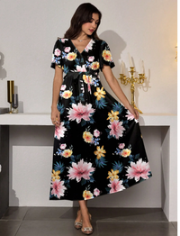 Women's Long V-Neck Floral Print Flounce Sleeve Tie Waist Ruffle Hem Elegant Carousel 2